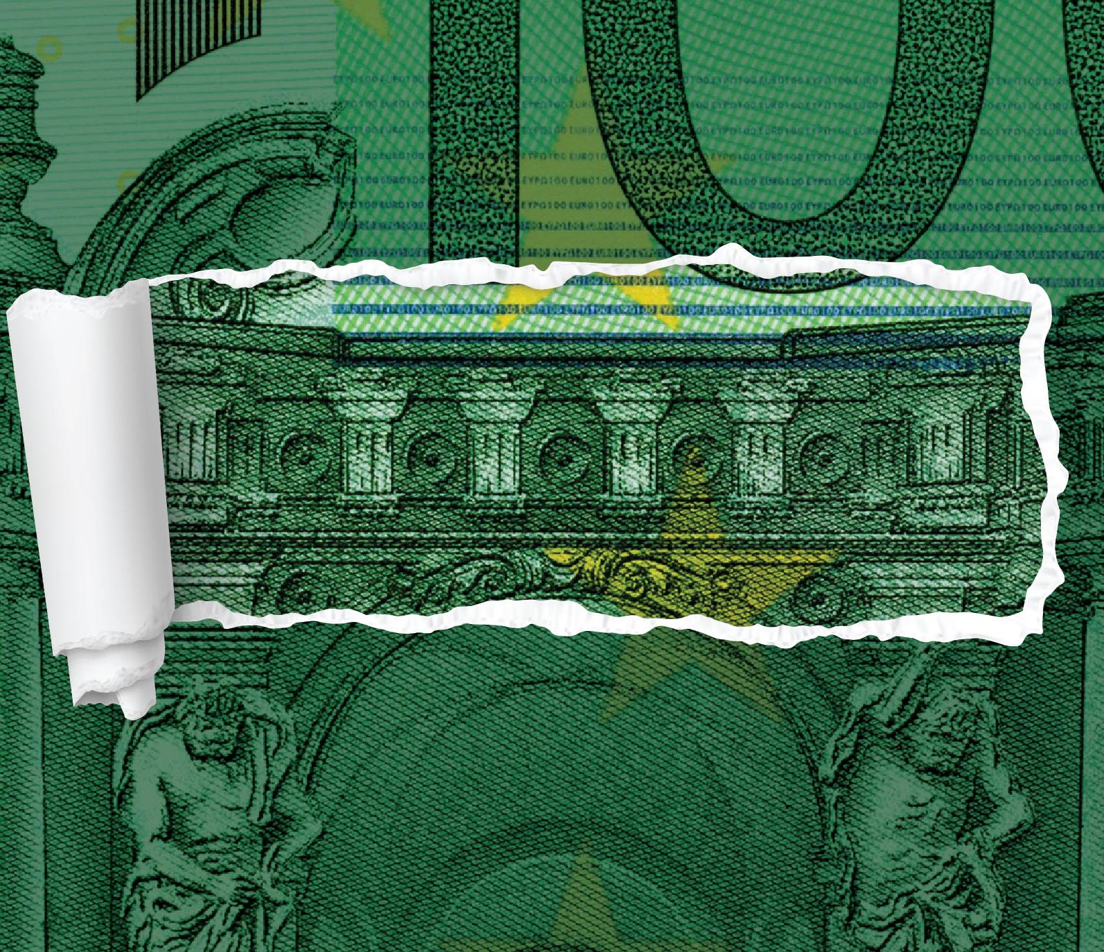 Pormenor de nota de 100 euros rasgada ao centro}