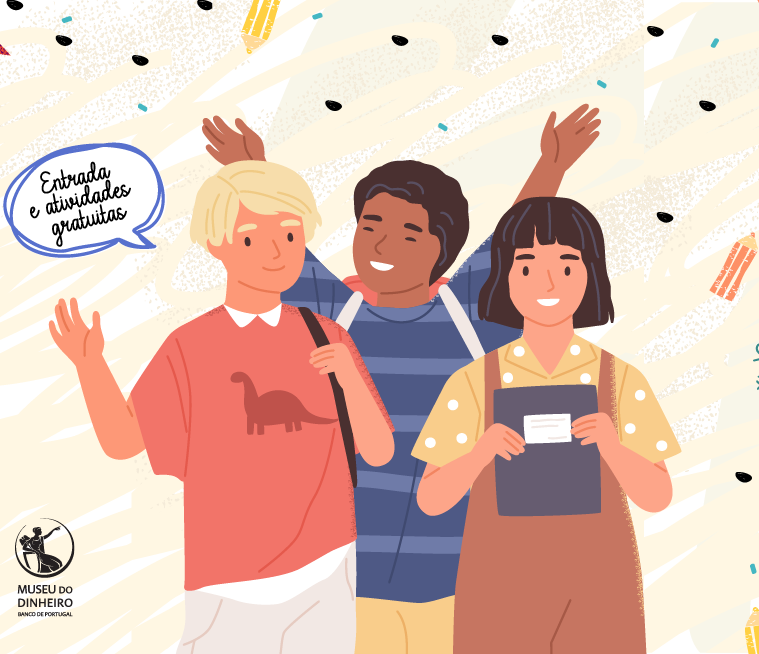 Ilustração de três crianças em idade escolar}