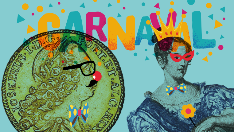 Ilustração alusiva ao carnaval com moeda de D. João V e retrato de D. Maria II com adereços de carnaval