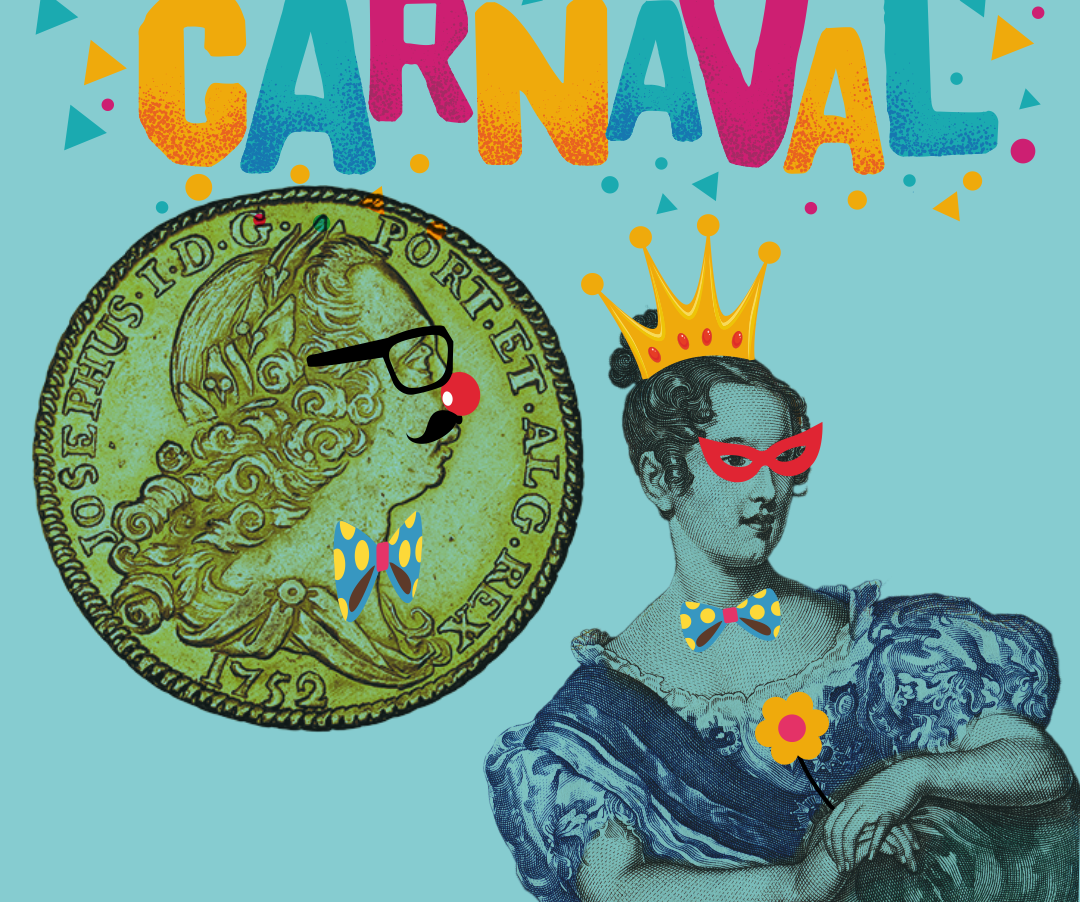 Ilustração alusiva ao carnaval com moeda de D. João V e retrato de D. Maria II com adereços de carnaval