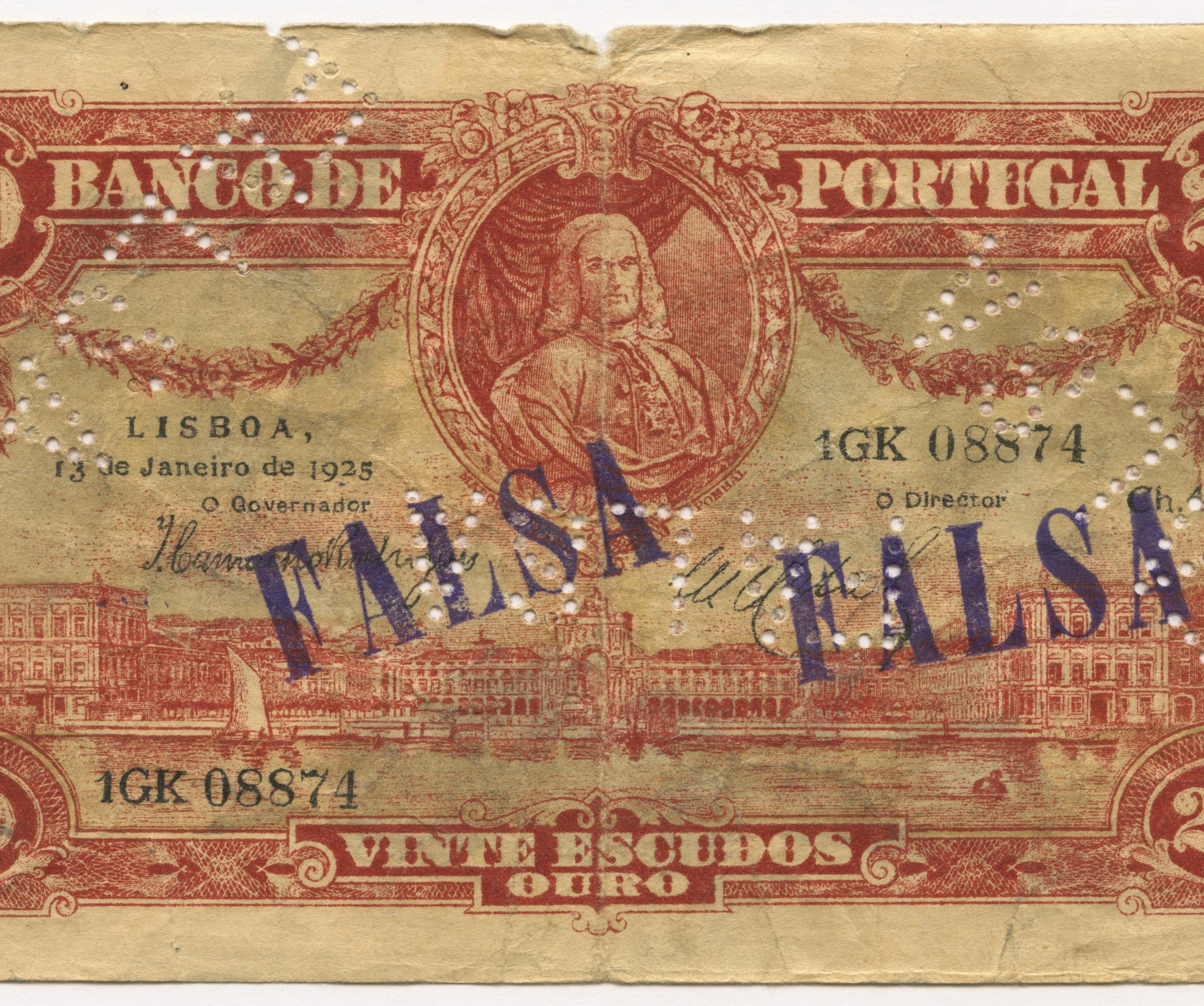 Nota falsa de 20 escudos com dois carimbos a dizer "FALSA" "FALSA"