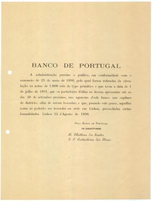 Aviso sobre troca de notas de 1000 réis