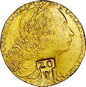 Dobra de 4 escudos contrafeita com carimbo 20 sobre águia