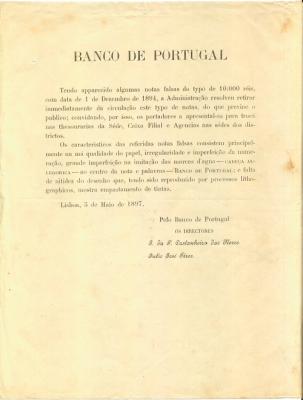 Aviso sobre notas de 10 000 réis