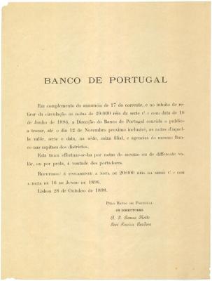Aviso sobre retirada de notas de 20 000 réis